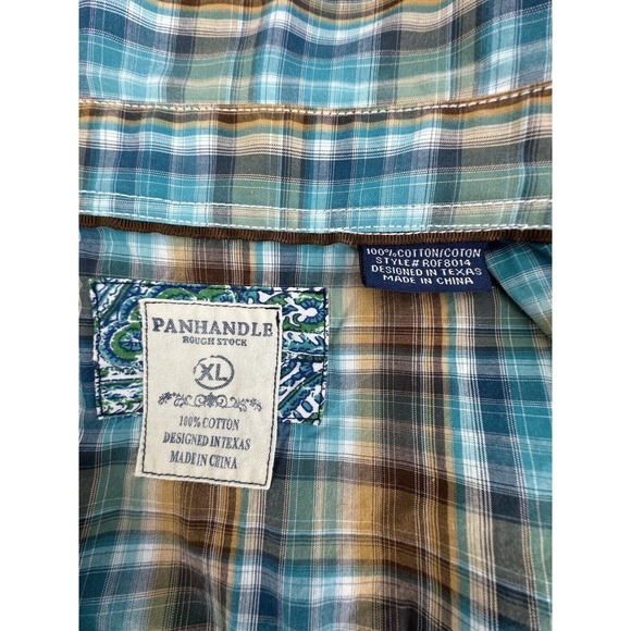 Panhandle Rough Stock XL Blue/Brown Plaid With Paisley Cuff Pearl Snap Shirt - Picture 7 of 8